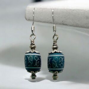 Teal Blue & Silver Filigree Dandling Earrings